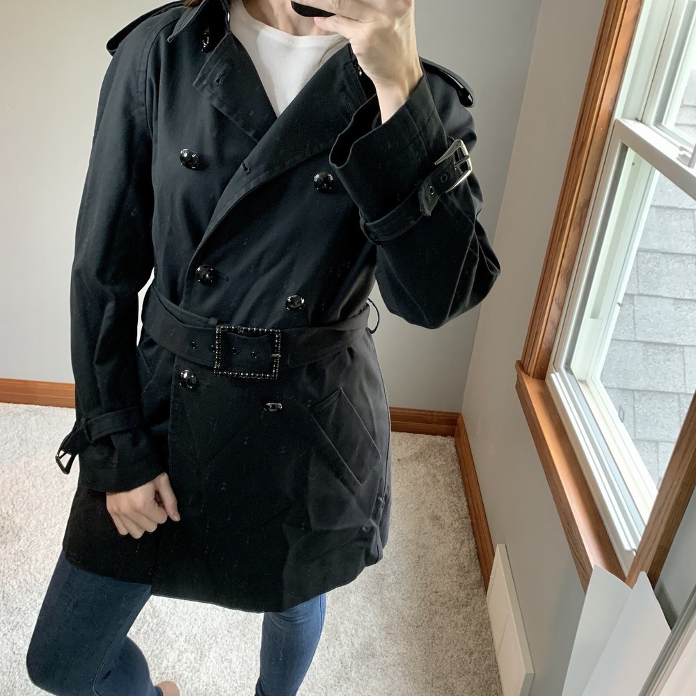 St. John Coats Jeweled Belted Double Breasted Cotton Trench Coat Size Small